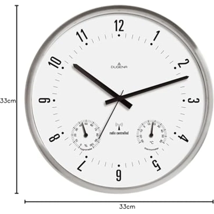 Dugena Wanduhr, Funkuhrwerk, Thermometer, Hygrometer, Metallgehäuse, ø 25 cm, inklusive Batterie (ø 33 cm) – Bild 3