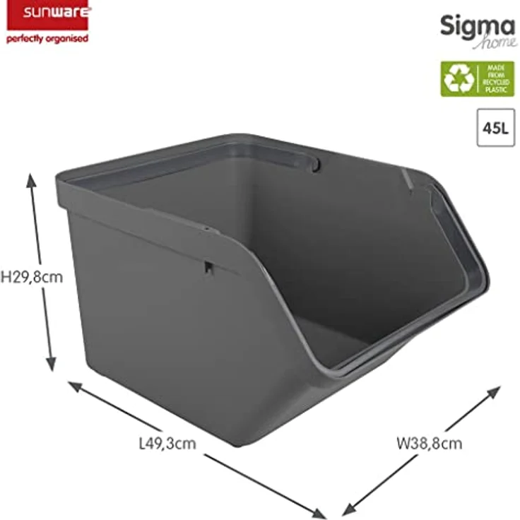 SUNWARE perfectly organised 3 Stück - Sigma Home Sortiereinheit, 49,3x38,8x29,8cm, 45 Liter - Anthrazit, recyceltes Material, stapelbar, mit Griffen – Bild 3