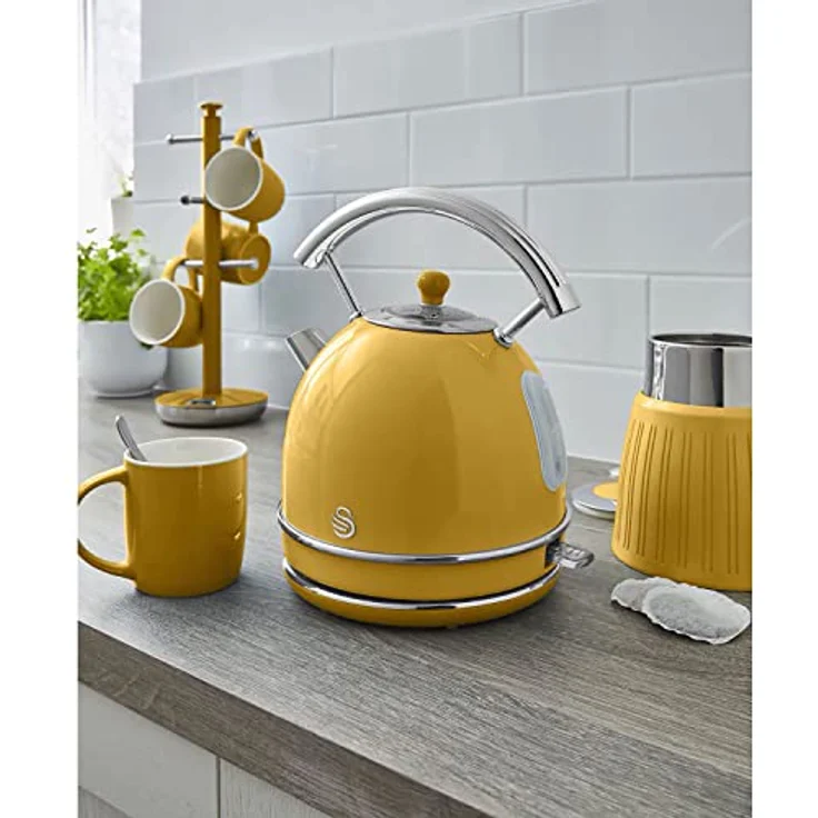 Swan Retro Set Frühstückswasserkocher Gelb, 1,8 Liter mit 360° drehbarem Sockel und Toaster mit 6 Toaststufen – Bild 2
