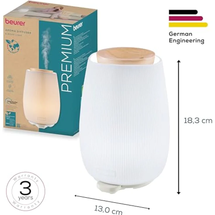 Beurer Aroma Diffuser, elegantes Design aus Holz und Keramik mit dimmbarem LED-Licht, 140 ml, geräuscharm, Abschaltautomatik – Bild 6