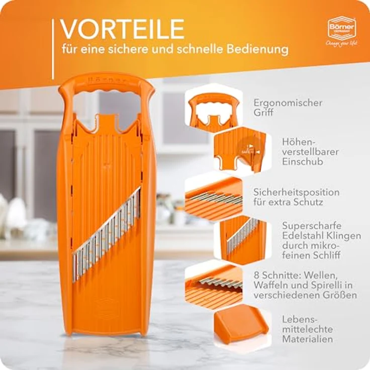 Börner Gemüseschneider Welle-Waffel PowerLine, Gemüsehobel mit integrierter Kindersicherung und 3 Schnittstärken, BPA-frei – Bild 5