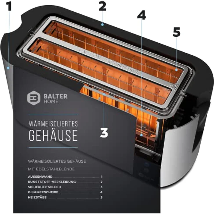 Balter TS-04-LCD, 4-Scheiben Langschlitztoaster mit 1500W, LCD Display, Restzeitanzeige, Doppelwandgehäuse, Brötchenaufsatz, Auftaufunktion, Silver – Bild 4
