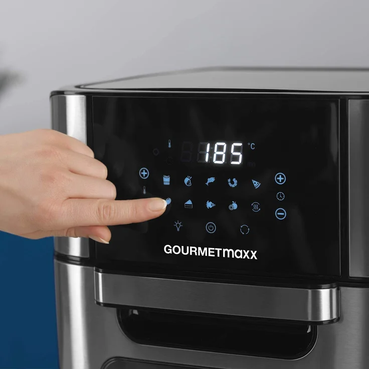GOURMETmaxx Heißluft-Fritteuse XXL Digital 12 l, ohne Fett, 1800 W, 10 Programme, Timerfunktion, Sichtfenster, Rührfunktion, Schwarz, Edelstahl – Bild 2