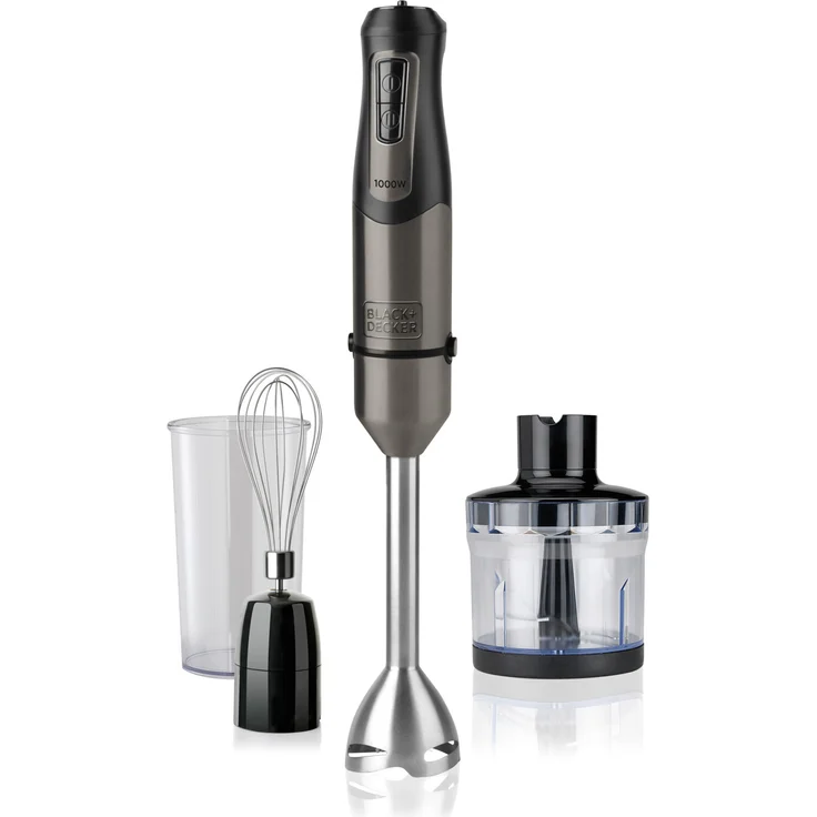 Black + Decker BXHBA1000E Stabmixer, 1000 W, Edelstahl, 20 Leistungsstufen, inkl. Mixbehälter, Schneebesen, Zerkleinerer-Aufsatz, grau – Bild 1