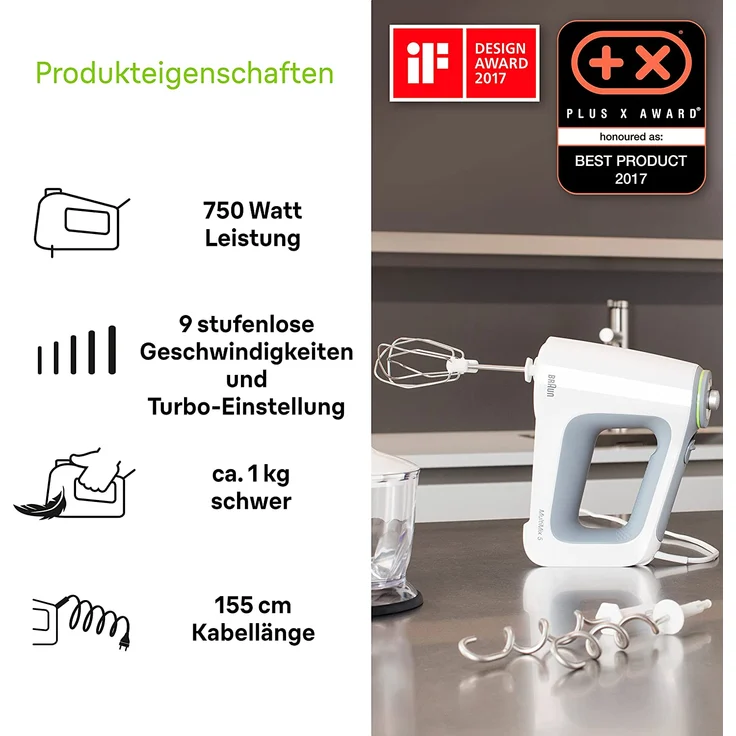 Braun HM 5137 WH, Handmixer, 750W, 9 Geschwindigkeiten, Turbo-Funktion, inkl. Zerkleinerer (0,5 L), Messbecher (0,6 L), Powerbell-Mixfuß, weiß – Bild 3