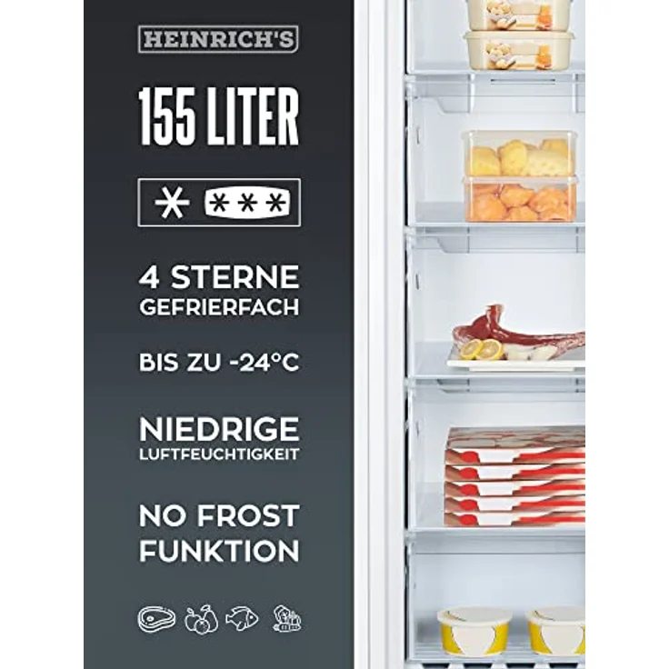 HEINRICHS Gefrierschrank, Freezer, No-Frost Schutz, 4x Gefrierschublade +1x Gefrierfach, LED-Display,Airflow, wechselbarer Türanschlag, Alarmfunktion, Temperatur:-14°C~-24°C, Heinrich´s (weiß) – Bild 5