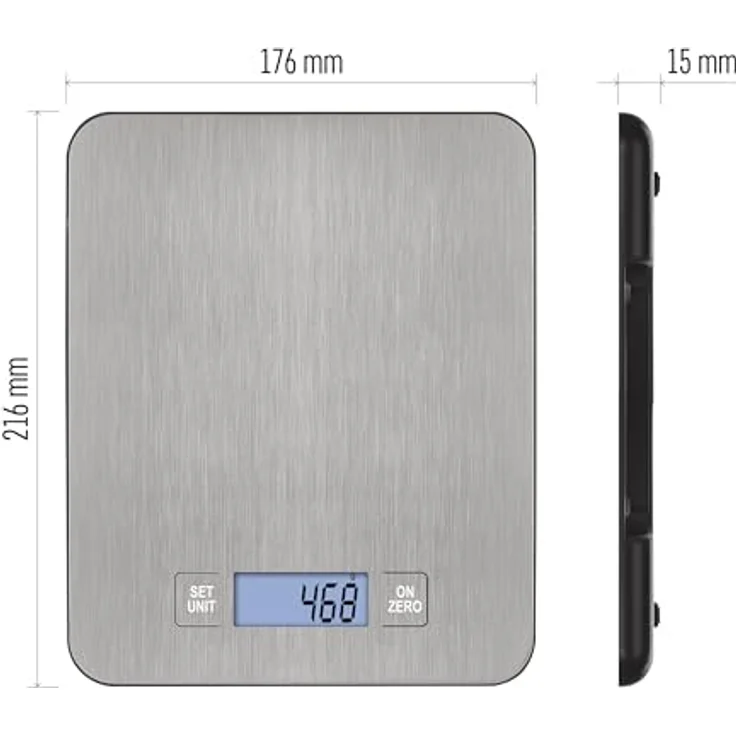 EMOS Küchenwaage aus Edelstahl mit Wandaufhängung-Digitalwaage mit beleuchtetem LCD Display-Tara-Funktion-Nahrungsmittelskala-Elektronische Waage-Präzision bis zu 1g - Tragkraft 15 kg – Bild 6
