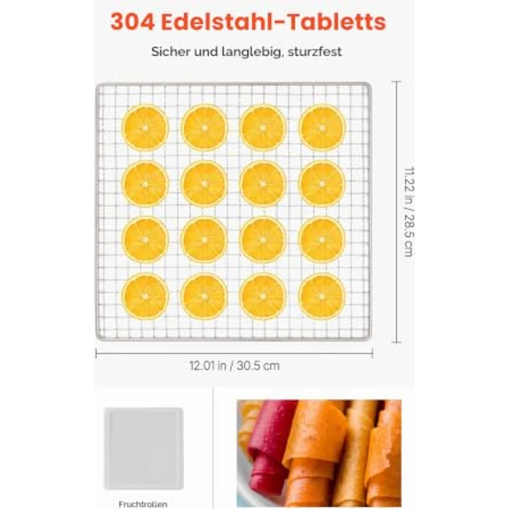 VEVOR Dörrautomat, elektrisches Dörrgerät mit 10 Edelstahlschalen, 1000 W, einstellbare Temperatur von 37,4 °C bis 77 °C, Sichtfenster, für Trockenfleisch, Obst, Gemüse und Kräuter – Bild 3