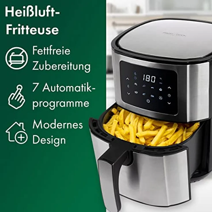 ProfiCook® Heißluftfriteuse PC FR 1239 H - Friteuse Heißluft 5,5L XXL Kapazität, Öl- und fettfreier Airfryer mit LED-Touchscreen u. 7 Programmen, ideal für Pommes Nuggets Steak, Edelstahl 1400W – Bild 5