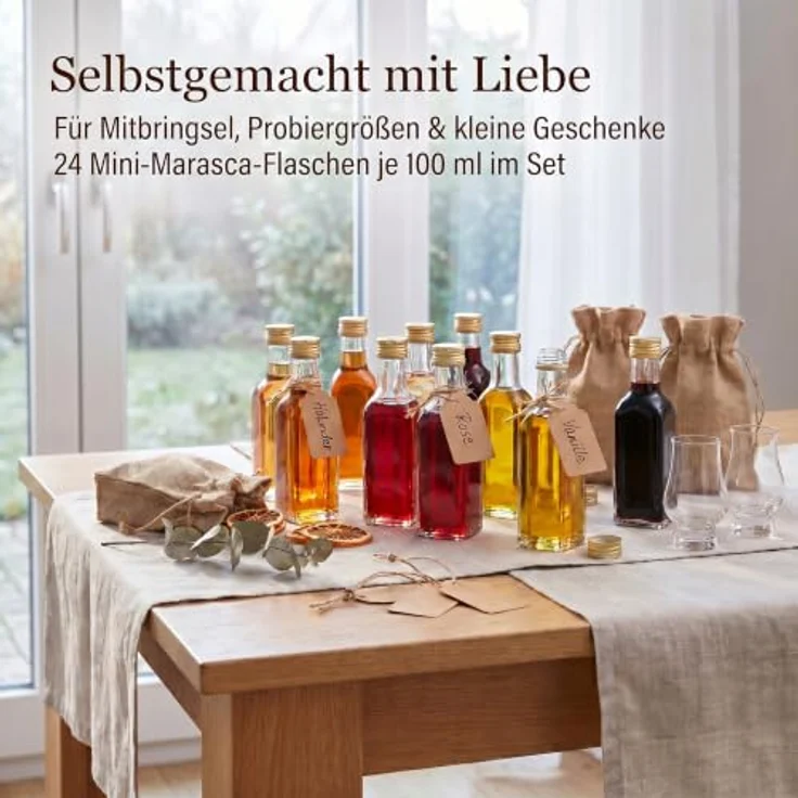 gouveo Trinkflasche Glasflaschen 100 ml Maraska mit Schraub-Deckel - Kleine Flasche 0,1l, 24er Set, transparent-goldfarben – Bild 5