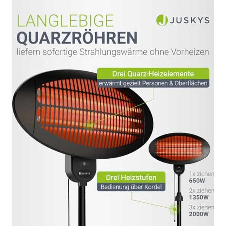 Juskys Infrarotstrahler 2000 W, höhenverstellbarer Standheizstrahler in Schwarz mit 3 Heizstufen für Terrasse & Garten – Bild 3