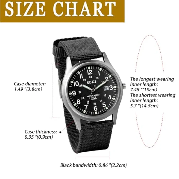 JewelryWe Herrenuhr Leuchtende Militär Uhr, Analog Quarz Armbanduhr mit Kalender, Schwarz, Nylon Textil Armband, 12/24H große Zahlen, Wasserdicht – Bild 3