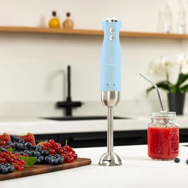 Westinghouse Retro Stabmixer, 4 Geschwindigkeitsstufen, Turbofunktion, 2 Flügelmesser, Edelstahl, Ergonomischer Griff, Abnehmbarer Stab, Aufbewahrungstasche, 600 Watt, hellblau – Bild 5