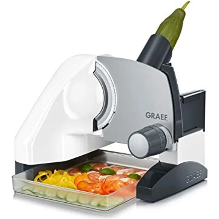 Graef SlicedKitchen SKS 5001 Allesschneider, 170W, 170 mm Edelstahl-Wellenschliffmesser, inkl. MiniSlice-Aufsatz & Aufbewahrungsbox, weiß – Bild 2
