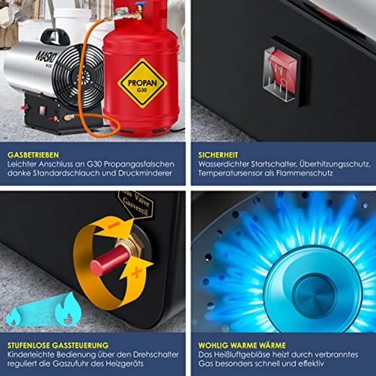 MASKO Gasheizgebläse Gasheizer Heizkanone Gasheizstrahler Bauheizer Gas Heizgerät heizstrahler Heißluftgenerator inkl. Gasschlauch & Druckminderer Heizgebläse für handelsübliche Gasflaschen Silber, 30 kW,  – Bild 3