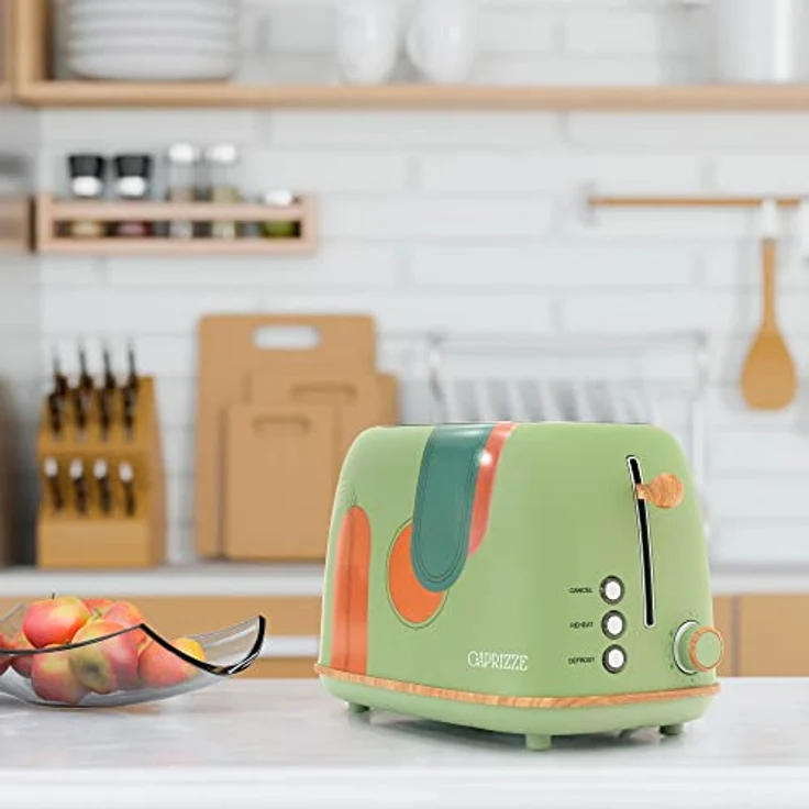 Caprizze Kaito Toaster, Doppelschlitz, extra breit, 6 Bräunungsstufen, Blumendekor, Holzeffekt, mattgrün – Bild 2