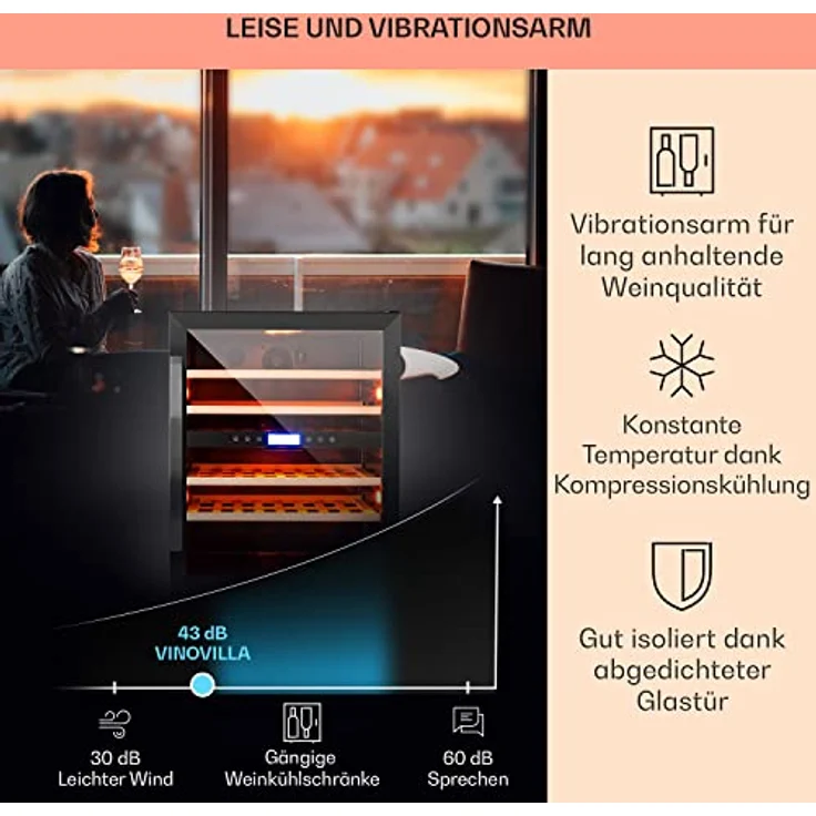 Klarstein Vinovilla 43 Built-In Duo Onyx, Doppelzonen Weinkühlschrank mit 129l für 43 Flaschen, edles Design und dreifarbige Beleuchtung – Bild 3
