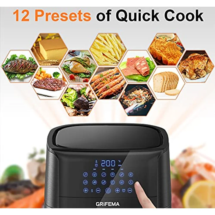 GRIFEMA GC2001, Heißluftfritteuse 6.5L/1800W ohne Öl- Luftfritöse mit Digitalem LED Touchscreen, Friteuse 12 Programmen, Heissluftfriteuse Präziser Temperaturregelung, Airfryer Zeitsseinstellung – Bild 5