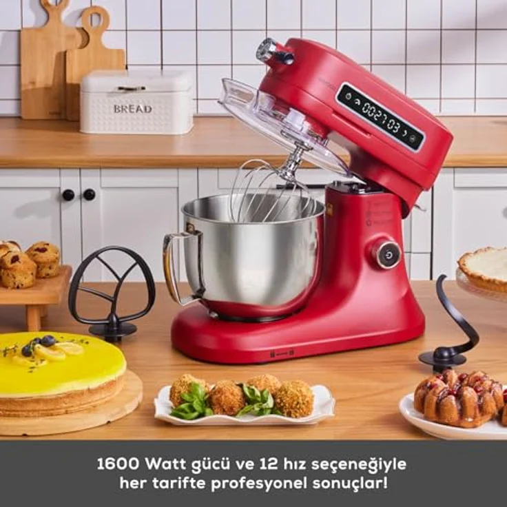 Karaca Pro Artisan Küchenmaschine, 1600W mit Digital Display, Gusseisen Gehäuse, 5L Edelstahltrichter, Rot – Bild 2