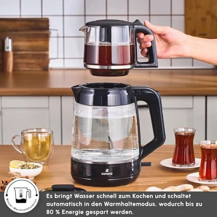 Karaca Glass Tea XL 2 in 1 Glas-Teemaschine & Wasserkocher Shiny Black, 0,9L Teekapazität, 2,2L Wasserkapazität, energieeffizient, automatische Warmhaltefunktion, LED-Anzeige – Bild 5