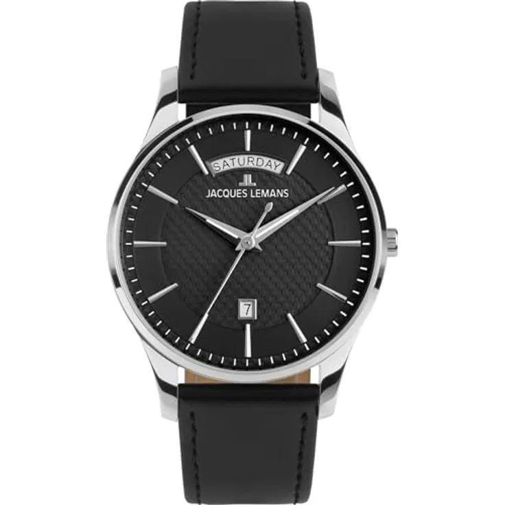 JACQUES LEMANS Herrenuhr London 1-2193A, Edelstahlgehäuse, schwarzes Lederband, Quarzwerk, analog, Kalenderfunktion, Mineralglas
