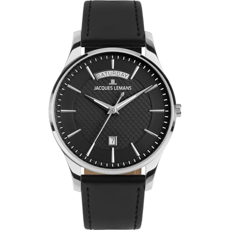 JACQUES LEMANS Herrenuhr London 1-2193A, Edelstahlgehäuse, schwarzes Lederband, Quarzwerk, analog, Kalenderfunktion, Mineralglas – Bild 1