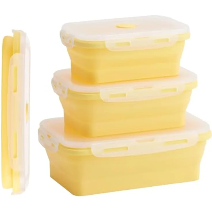 König Design Faltbare Frischhalteboxen 4 Stück aus Silikon (Gelb) - Lebensmittelechtes Material, 4 verschiedene Größen, auslaufsicher, platzsparend