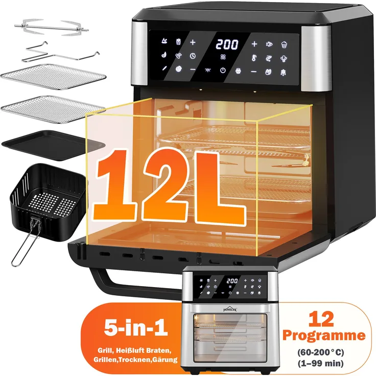 HOMELUX Heißluftfritteuse 12L Heißluftfritteuse mit drehfunktion 12 Kochprogramme LED-Display, 1800,00 W, 12 Kochprogramme