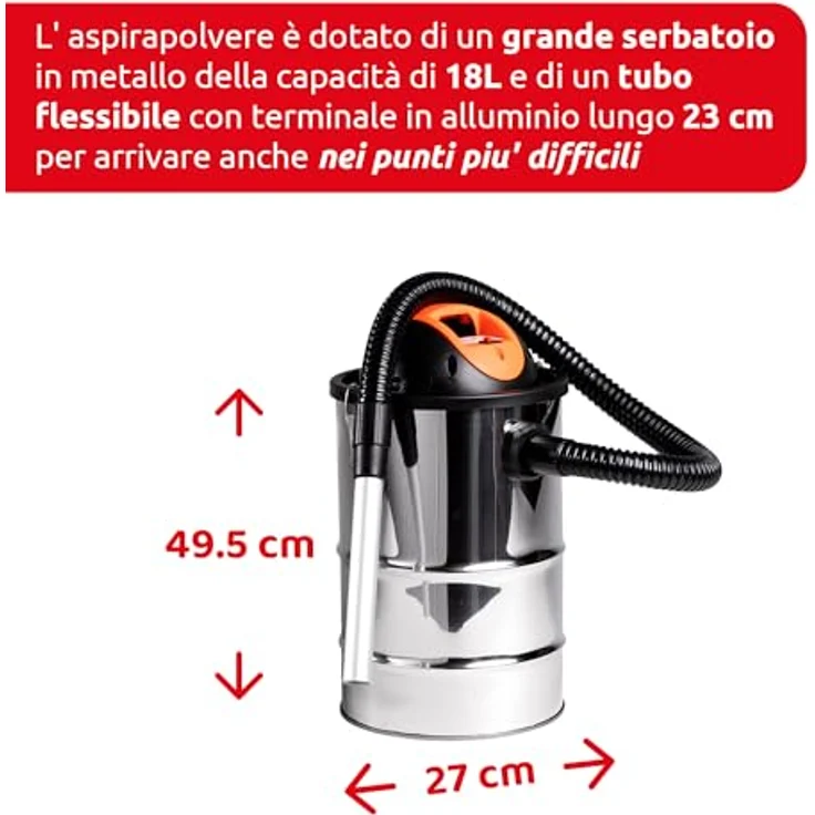 Melchioni Aspiracenere Cenerello, Staubsauger mit 1000 W Leistung, 18 Liter Kapazität, Aluminiumrohr, HEPA-Filter - grau – Bild 2