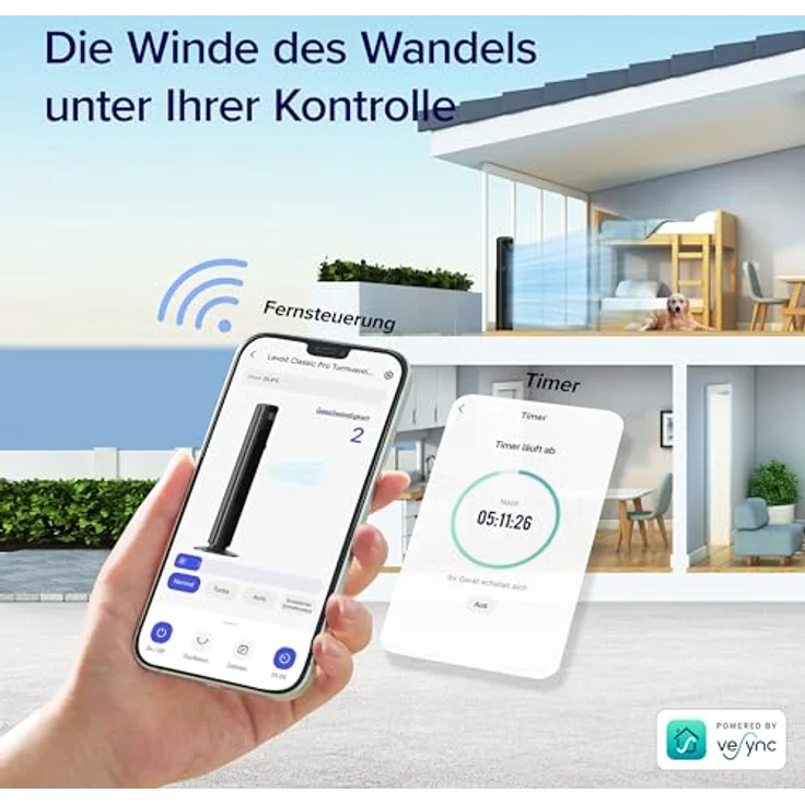 Levoit Smart Turmventilator Classic Pro, 25 dB sehr leise, 7,9 m/s, 90° Oszillation, 60° Einstellung, Fernbedienung, 12 Geschwindigkeiten, App- & Sprachsteuerung – Bild 3
