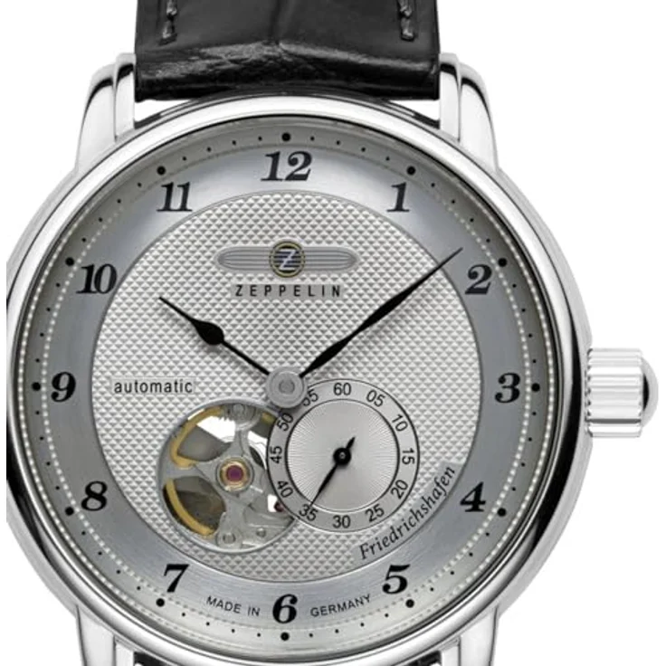 Zeppelin Herrenuhr Automatik Open Heart Friedrichshafen Schwarz 8566-4, Leder schwarz & silbernes Zifferblatt – Bild 2