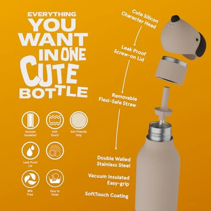 ASOBU Bestie Kindertrinkflasche, isolierte Edelstahlflasche 420ml mit braunem Hundekopf, auslaufsicher & BPA-frei – Bild 2