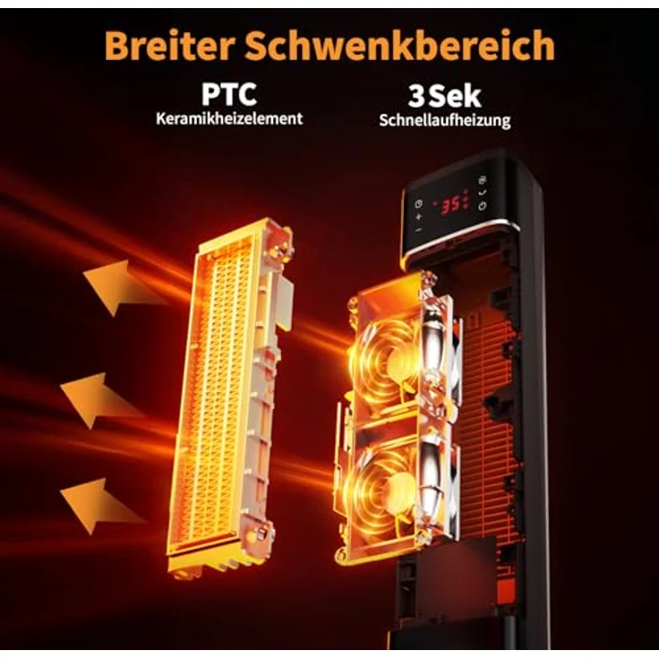 aeco EcoHeat Boost 58cm, Heizlüfter mit Fernbedienung, 2000W PTC-Keramik, 75° Oszillation, 4 Betriebsmodi, Überhitzungs- und Kippschutz – Bild 3