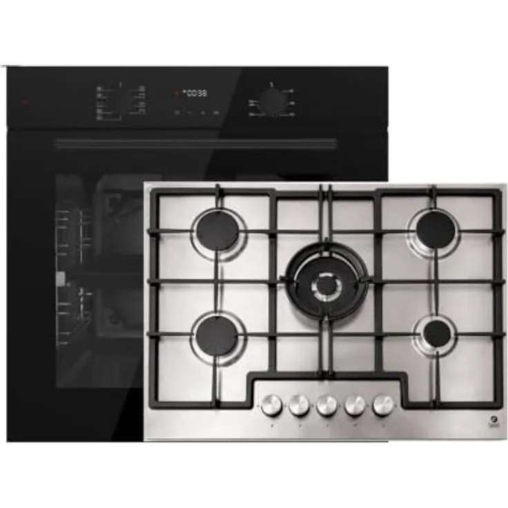 Böhme Herdset HB60F78PPB, 78L Heißluft Elektro-Backofen mit 9 Funktionen und Gaskochfeld GAG75INX, 75 cm, Edelstahl, 5 Gasbrenner mit Wokbrenner