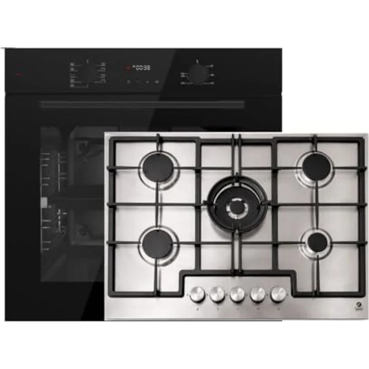 Böhme Herdset HB60F78PPB, 78L Heißluft Elektro-Backofen mit 9 Funktionen und Gaskochfeld GAG75INX, 75 cm, Edelstahl, 5 Gasbrenner mit Wokbrenner – Bild 1