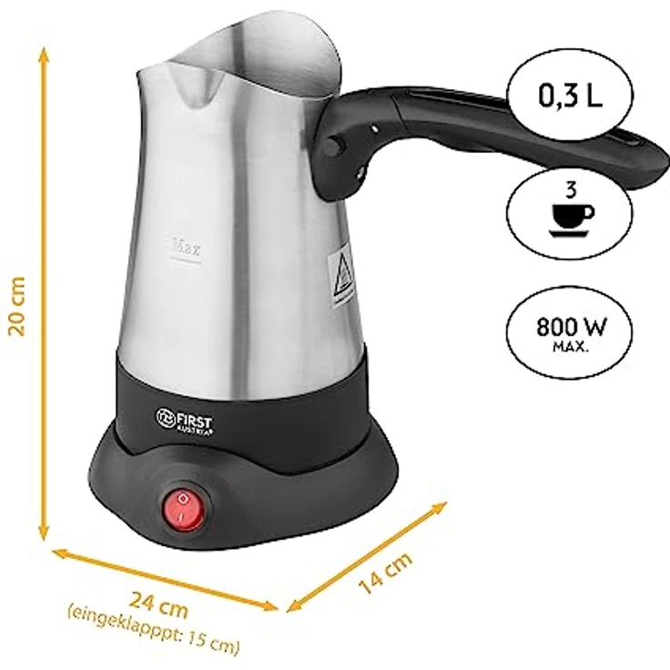 TZS FIRST AUSTRIA Kaffeebereiter, Edelstahl Mokkakocher mit 800W Leistung, 300ml, 360° drehbare Basisstation, klappbarer Griff, auch als Wasserkocher verwendbar – Bild 3