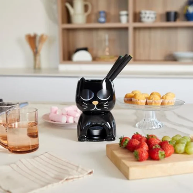 Balvi Schokoladenfondue-Set WAKE CAT, Fondue Set in Schwarz mit originellem Katzendesign, inklusive 4 Gabeln und Teelicht, Keramik, Maße: 10,5 x 10,5 x 16 cm – Bild 6