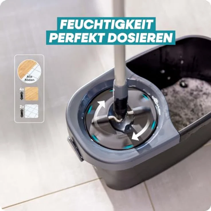 Leifheit Bodenwischer-Set CLEAN TWIST Disc Mop Ergo Black, 4-teilig, mit Auswringen im Stehen, dosierbarer Feuchtigkeit und Teleskopstiel 109-140 cm – Bild 4