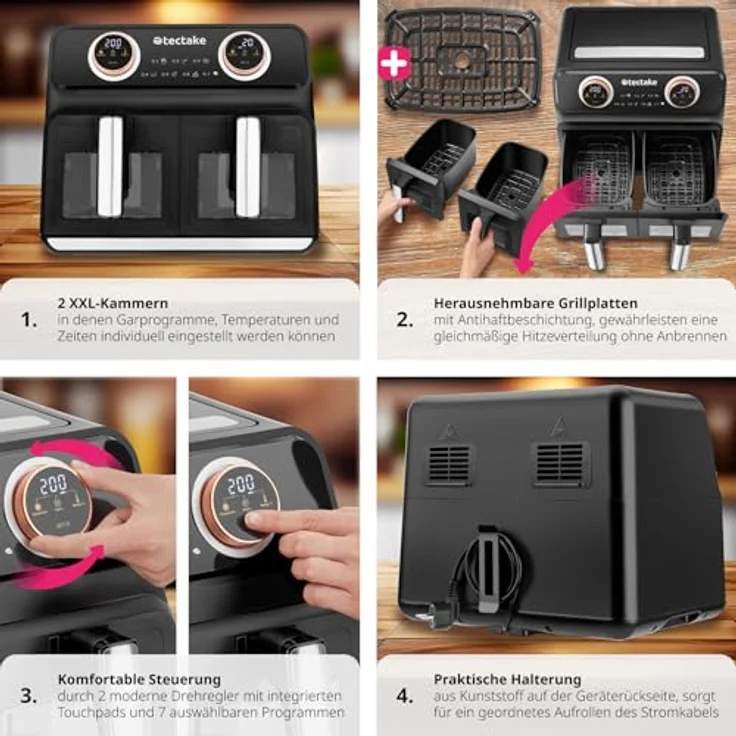 tectake® Heißluftfritteuse 2 Kammern, XXL Doppelkammer Airfryer, Dual Fritteuse mit Heißluft, 8 l Fassungsvolumen, inkl. Zubehör Rezeptheft – Bild 4