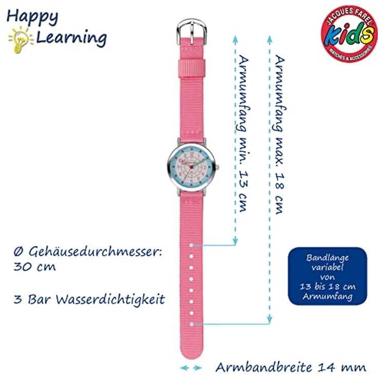 JACQUES FAREL Happy Learning Kinder-Armbanduhr Lernuhr Mädchen Rosa Analog Quarz Metall Textilband KOP 04 – Bild 3
