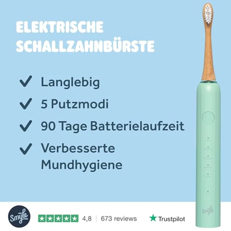 Smyle Schallzahnbürste mit Sensor, 3 Monate Akkulaufzeit, Intelligenter Timer, 5 Putzmodi, Wasserdicht, Mintgrün – Bild 2