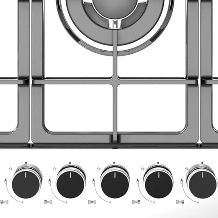 KKT KOLBE Gaskochfeld G805ED, 74 cm autarkes Kochfeld mit 10,6 kW, 5-flammig, Wok-Zone, stufenlos regelbar, Edelstahloberfläche, gusseiserne Topfträger, Propangas & Erdgas kompatibel – Bild 5