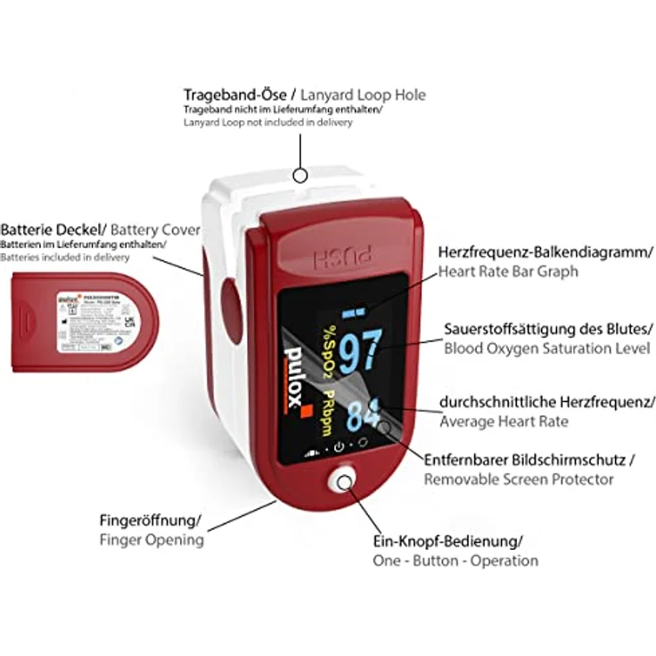 Pulsoximeter PULOX PO-200 Solo in Rot Fingerpulsoximeter für die Messung des Pulses und der Sauerstoffsättigung am Finger – Bild 3