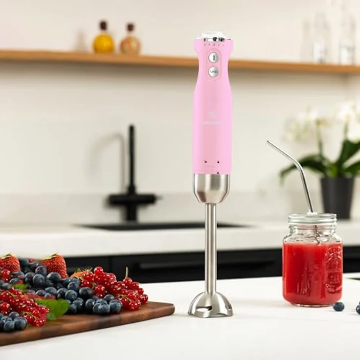 Westinghouse Retro Stabmixer, 4 Geschwindigkeitsstufen, Turbofunktion, 2 Flügelmesser, Edelstahl, Ergonomischer Griff, Abnehmbarer Stab, Aufbewahrungstasche, 600 Watt, pink – Bild 5
