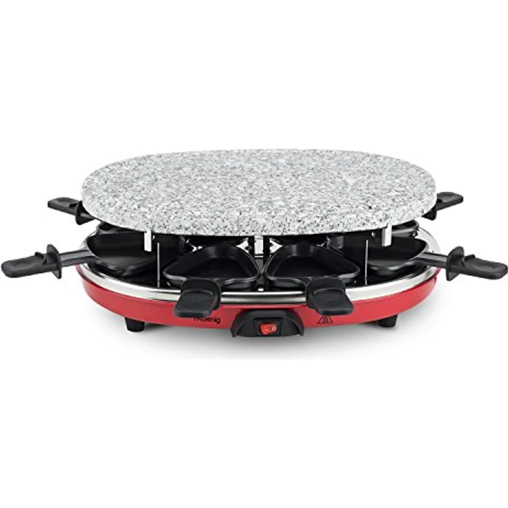 H.Koenig RP412 Raclette-Gerät 4 in 1 - 8 Personen - Raclette, Natursteingrill, Crepe-Platte und Grillplatte - mit 8 Pfännchen - 900 W - schwarz-rot – Bild 6