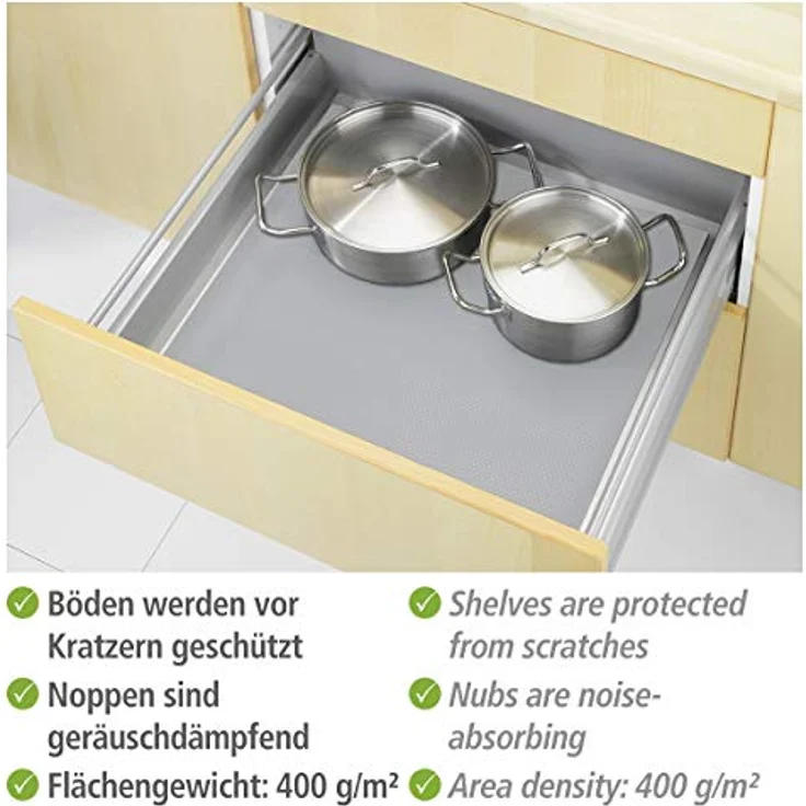 WENKO Antirutschmatte für Schrank und Schublade, Rutschstopp mit Noppen, Lebensmittelecht schützt den Schrank, geräuschdämpfend & zuschneidbar, pflegeleichter Kunststoff, 150 x 50 cm, Grau – Bild 3