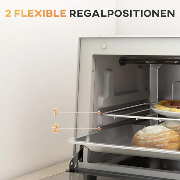 HOMCOM Minibackofen 9L Mini Ofen mit Backblech, Grillrost, einstellbare Temperatur und Timer, 750W, Edelstahl, Cremeweiß – Bild 4