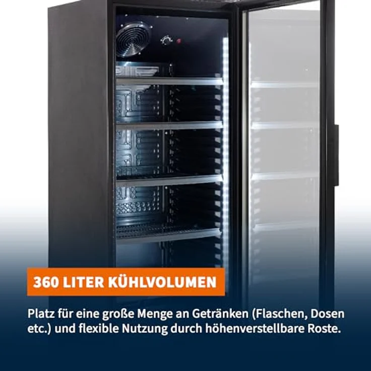 GastroHero Getränkekühlschrank GKS-360, 360 Liter, schwarz, abschließbare Glastür, temperaturregelbar 0 °C bis +8 °C, 5 höhenverstellbare Böden – Bild 2
