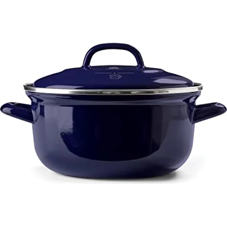 BK Indigo Holländisches Erbe Runde Deutsche Emaillierte Kasserolle mit Deckel mit PFAS-Freier Keramischer Antihaftbeschichtung, 26 cm/5,2 Liter, Induktion, Spülmaschinenfest, Backofenfest, Kobaltblau