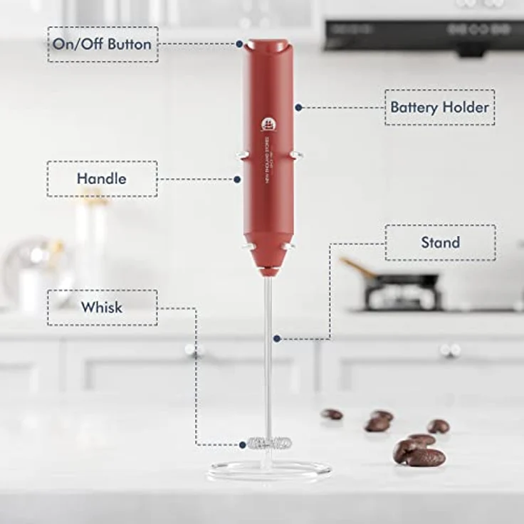 New England Stories Handheld Foam Maker, leistungsstarker Milchaufschäumer mit Edelstahl-Schneebesen, rot, für Kaffee, Cappuccino, Latte und Matcha, ergonomisches Design mit Ständer – Bild 3